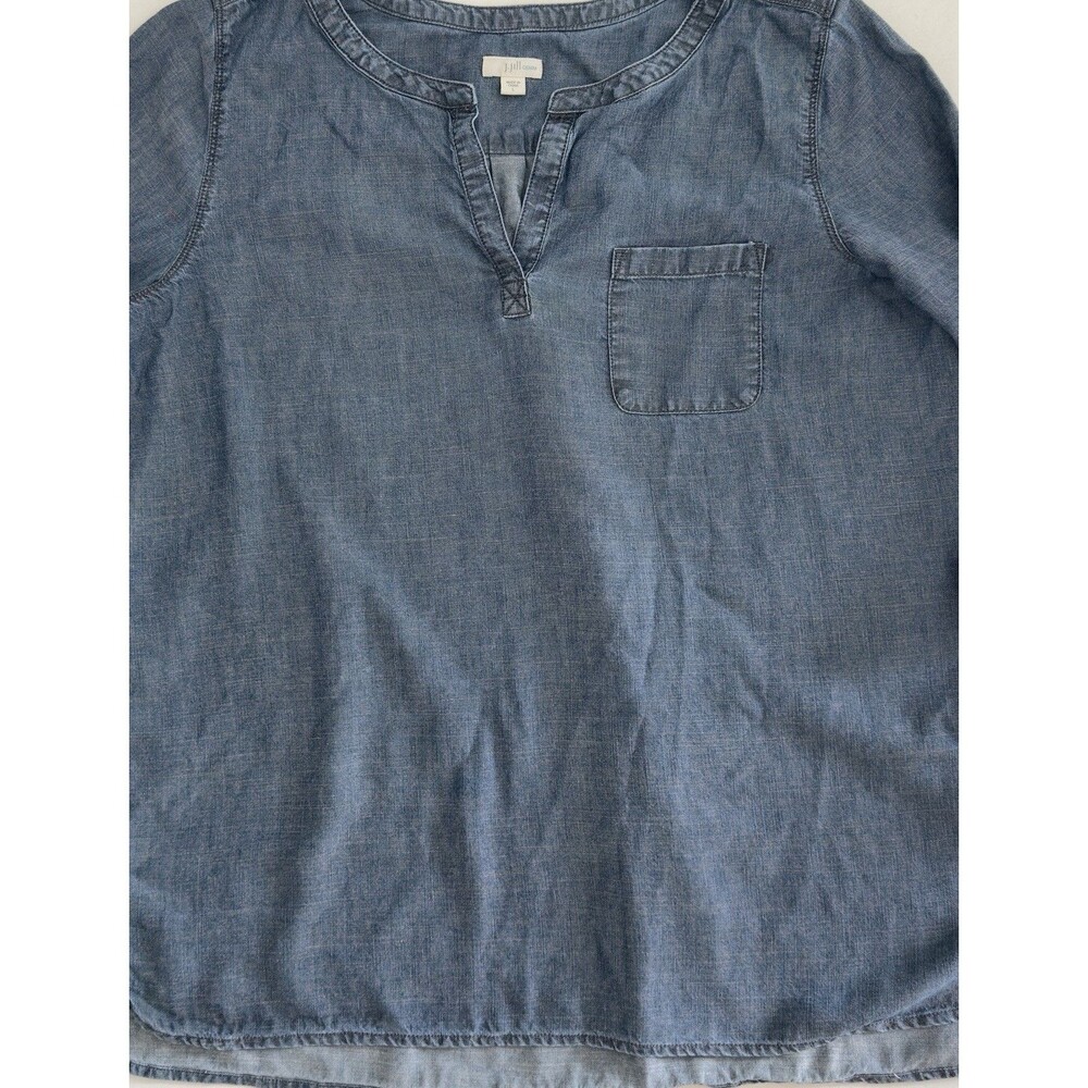 J Jill Chambray Tunic Top Blue Cotton Pullover Tunic Roll Tab Sleeves Women's Lg